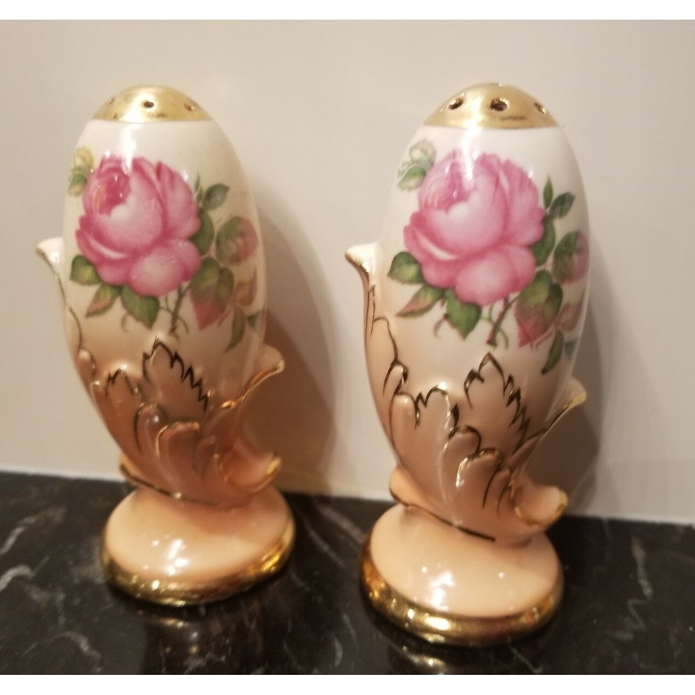 Vintage German Hand Painted Floral Salt and Pepper Shakers 4.25"